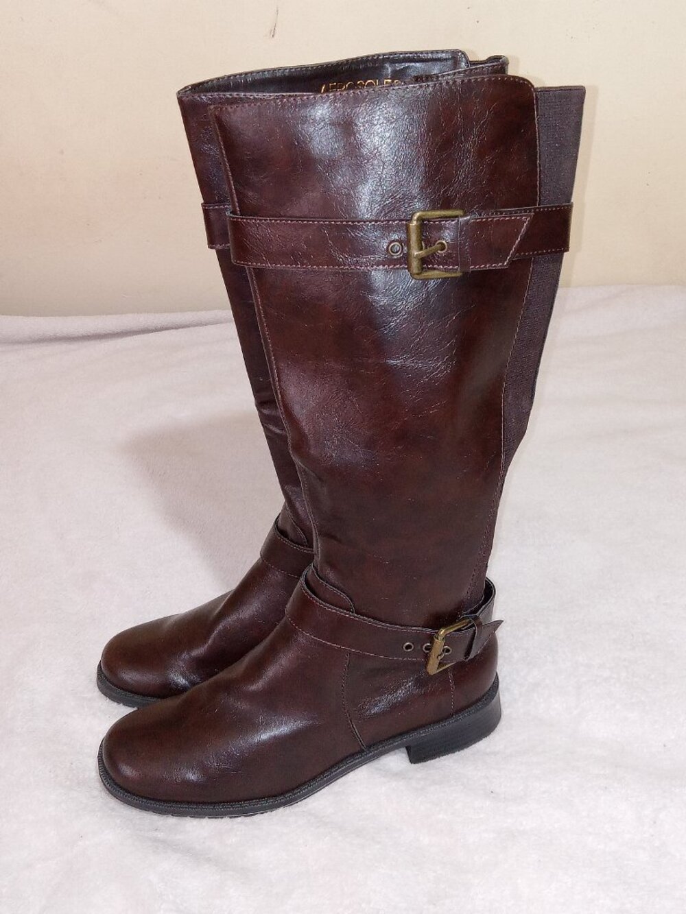 Aerosoles Knee High Tall Boots Womens 8.5 Brown Leather Look Buckle Riding